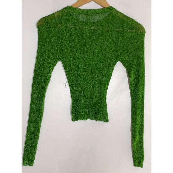 Ser.O.Ya Paxton Top Sheer Metallic Rib Knit Long Sleeve Crop Chartreuse NWT XS - Picture 5 of 11